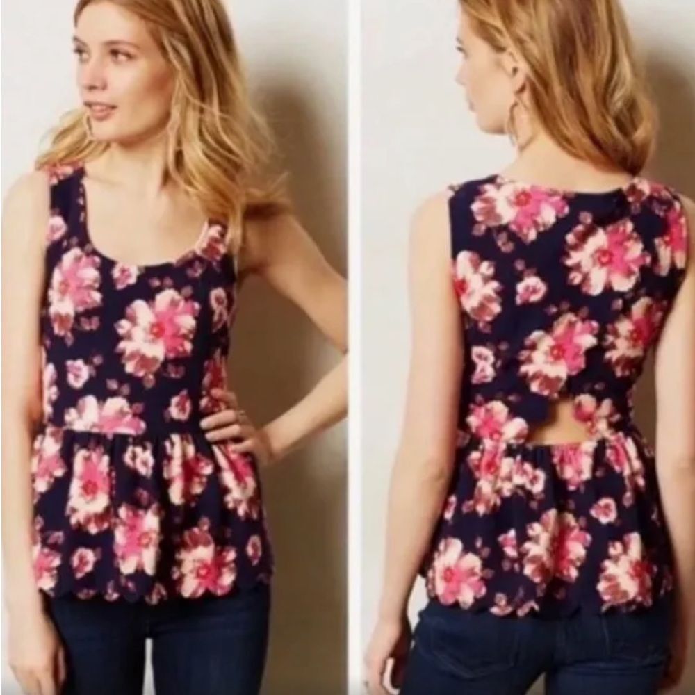 Anthropologie Women’s peplum flowers floral scalloped tank top size Medium EUC
